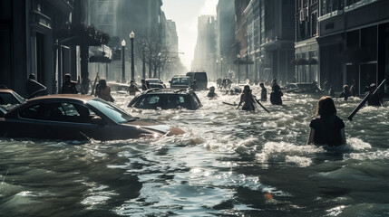 Fototapeta na wymiar The flooded city street shows water reaching windows, representing the destructive power of natural disasters.