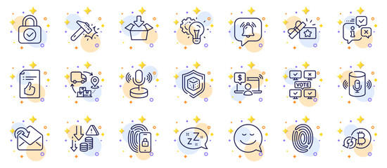 Outline set of Notification bubble, Sleep and Fingerprint line icons for web app. Include Microphone, Voice assistant, Refresh bitcoin pictogram icons. Supply chain, Info, Online voting signs. Vector