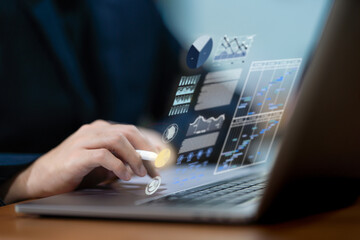 Businessmen read online business statistics chart reports to analyze and improve corporate...