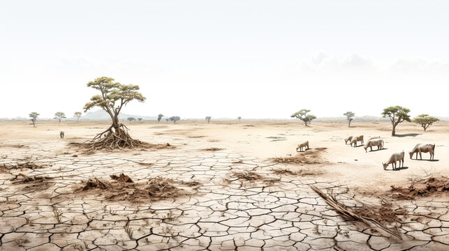 The image shows an arid landscape with dry, cracked ground due to severe drought conditions.