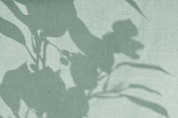Abstract botanical pattern, sunlight shadow silhouette of leaves on linen sage green fabric....