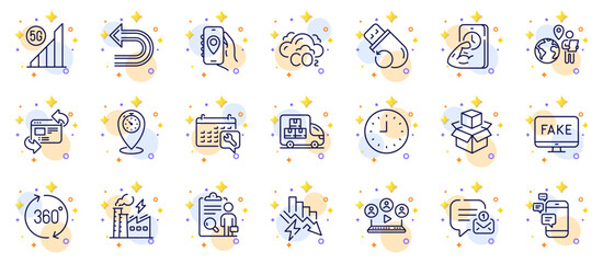 Outline set of Refresh website, Location app and Outsource work line icons for web app. Include Fake news, Spanner, Clock pictogram icons. Timer, Electricity factory, Packing boxes signs. Vector