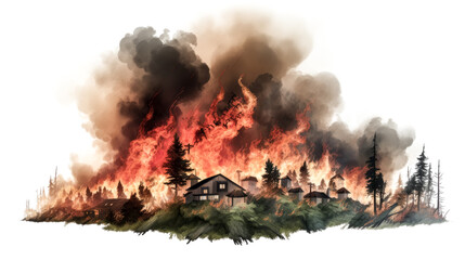 A raging forest fire engulfs the landscape in a fiery inferno, causing widespread destruction and devastation.