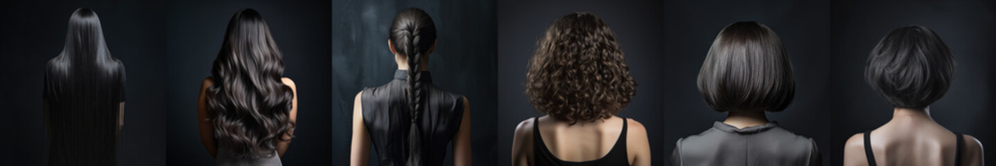 Various haircuts for woman with dark ash color hair - long straight, wavy, braided ponytail, small perm, bobcut and short hairs. View from behind on black background. Generative AI	