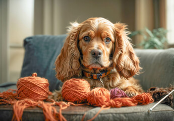 Young dog in house setting. cocker spaniel lies on a chair surrounded by knitting threads