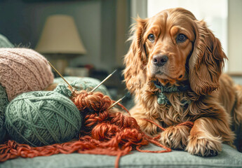 Young dog in house setting. cocker spaniel lies on a chair surrounded by knitting threads