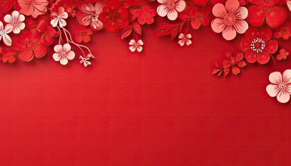 red cherry blossom decoration on red background with large copy space 