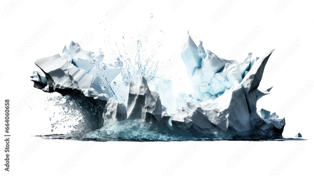 Poster a collapsing glacier crumbles into the ocean, sending a large chunk of ice plunging into the water.