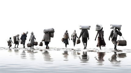A group of climate refugees flee a disaster area, carrying their belongings as they seek safety.