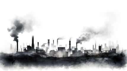 A picture shows smokestacks belching pollution and smog from a factory. - obrazy, fototapety, plakaty