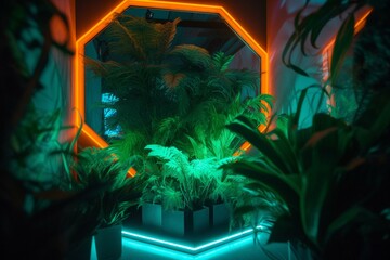 Fluorescent-lit tropical plants in nature environment, framed by hexagon neon lights. Generative AI