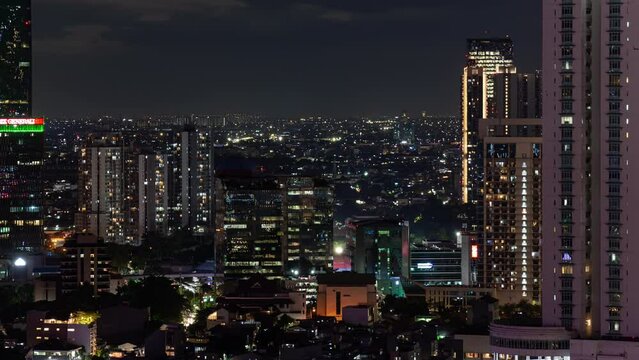 night time jakarta city center rooftop panorama 4k timelapse indonesia