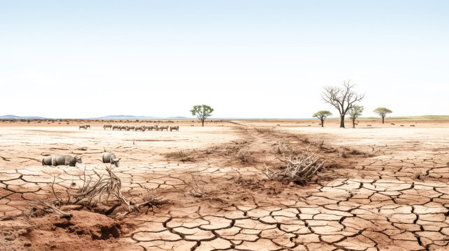 The image shows an arid landscape with drought conditions, featuring dry, cracked terrain.