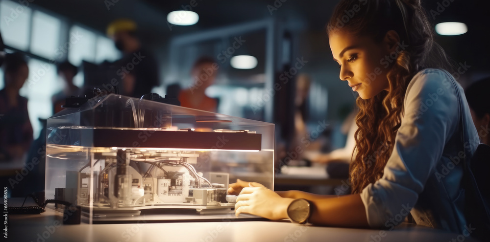 Fototapete engineer woman working with a prototype model on a 3d printer in a laboratory, using equipment techn