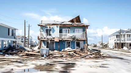 A coastal community works together to rebuild after a major hurricane, with debris and destruction visible in the background. - obrazy, fototapety, plakaty