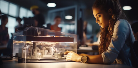 Engineer woman working with a prototype model on a 3d printer in a laboratory, Using equipment technology and 3d printing, Creativity.