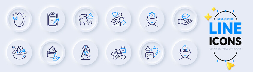 Bicycle lockers, Salad and Leaf line icons for web app. Pack of Night cream, Spf protection, Vitamin e pictogram icons. Vaccine report, Cough, Brain working signs. Mental health, Nurse. Vector