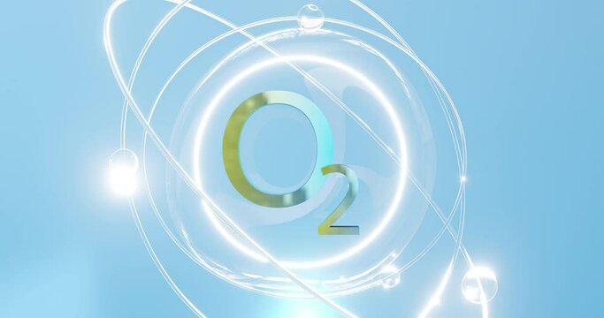 oxygen symbol - o2 located inside a sphere with atoms and orbits rotating around it, oxygen dioxide, 3d rendering