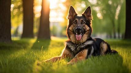 Happy dog in summer park, cute adult pet