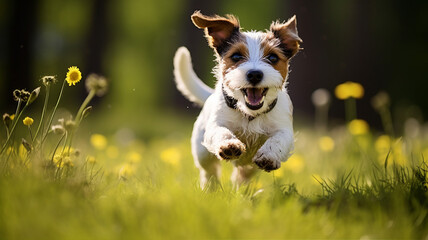 Happy cute Jack Russell dog running on green grass, outdoors in summer