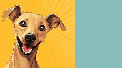 Happy dog, isolated yellow background with copy space