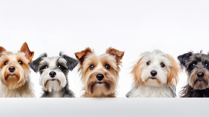 Group of different dogs, isolated white background with copy space