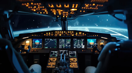 Controls and dashboards in the cockpit of an aircraft. - obrazy, fototapety, plakaty