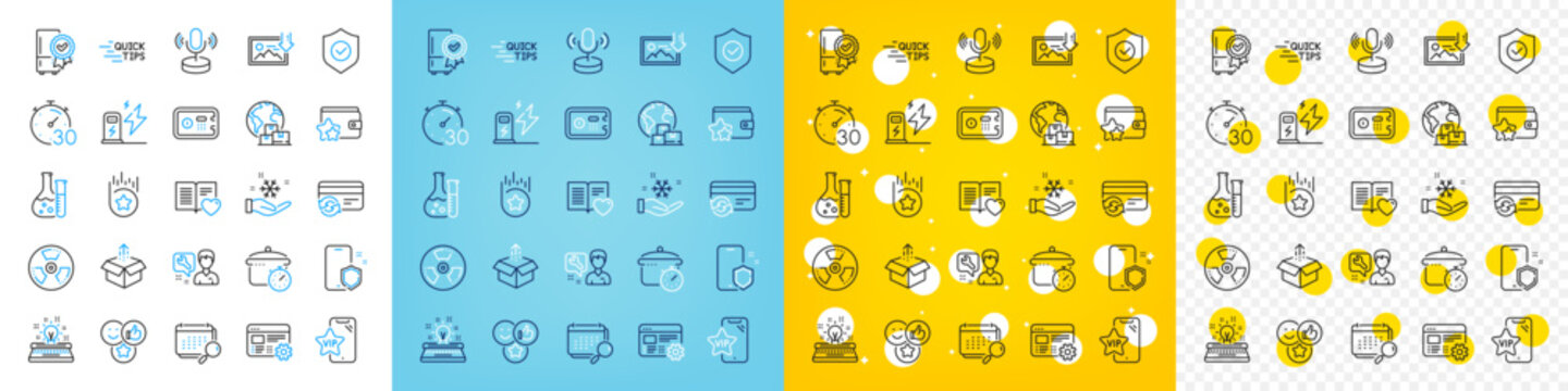 Vector icons set of Freezing, Download photo and Safe box line icons pack for web with Send box, Typewriter, Charging station outline icon. Chemical hazard, Timer, Calendar pictogram. Vector