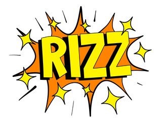 Rizz - charisma and being charismatic and charming. Text and shiny and dazzling sparks and stars. Vector illustration.