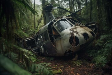A tragic accident where a helicopter crashes in a secluded rainforest. Generative AI - obrazy, fototapety, plakaty