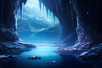 Entrance to underworld and cosmic caves hidden beneath frozen lake. Generative AI - obrazy, fototapety, plakaty