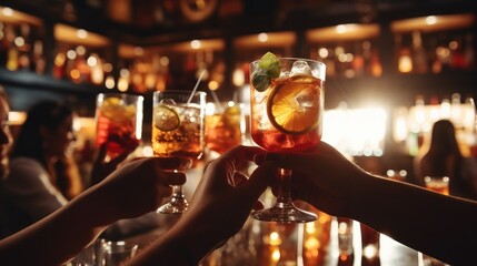 Group of Friends toasting with cocktails in bar. - obrazy, fototapety, plakaty