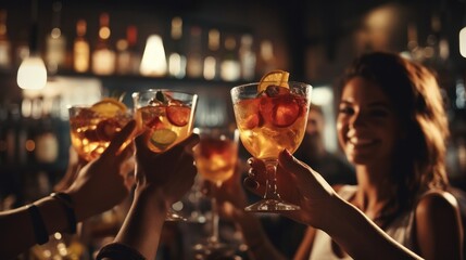 Group of Friends toasting with cocktails in bar.