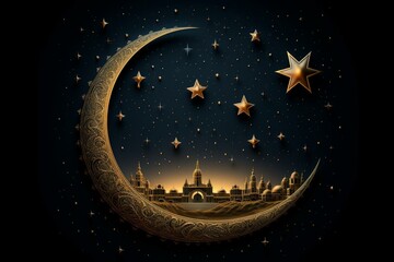 Symbolic crescent moon and stars illustrating the commencement of Ramadan. Generative AI