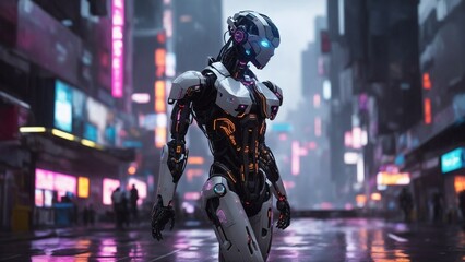 Fototapeta na wymiar 3D illustration of science fiction female humanoid cyborg lost in futuristic neon lit cyberpunk city. Artificial intelligence concept.
