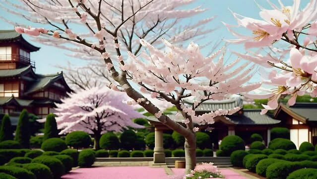 Sakura tree blossoms in the garden with blooming pink flowers, Japanese garden