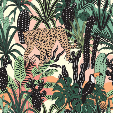 Leopard and toucan in the jungle seamless pattern. Cactus, tropical plant, banana tree graphic wallpaper.