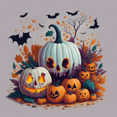 Halloween Themed Blue Pumpkin and Small Pumpkins Illustration