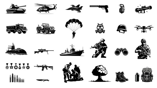 War icon pictogram set, Battleground silhouette designs collection, Military equipment, weapons, and vehicles. Editable vector illustrations in black and white.
