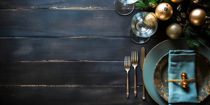Top view of elegant Christmas food arrangement, wooden table, space for text