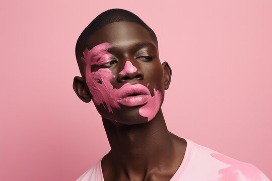 A dark-skinned young man with his face smeared with pink paint