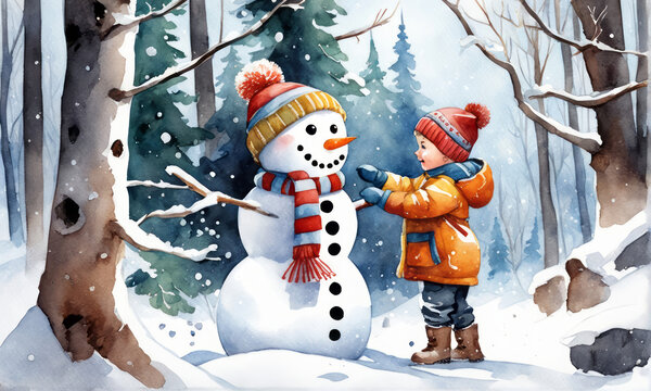 Kinder bauen einen Schneemann im Winterwald, gen ai 