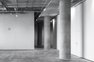 Empty industrial interior with concrete pillar and neon lights, abstract modern architecture