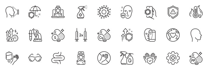 Icons pack as Niacin, Shield and Dont touch line icons for app include Medicine, Difficult stress, Umbrella outline thin icon web set. Donation, Coronavirus vaccine, Coronavirus pictogram. Vector