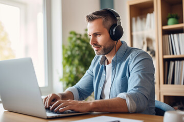 A man sits with headphones in front of a laptop. Online learning, remote work - obrazy, fototapety, plakaty