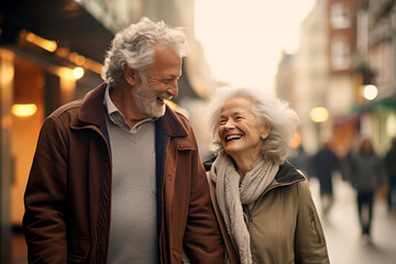 A joyful elderly couple strolls down the city streets, smiling and laughing, basking in the happiness of retirement