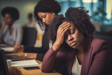 With a somber expression, a woman stares at her laptop, feeling the strain of a heavy workload and pressing deadlines - obrazy, fototapety, plakaty