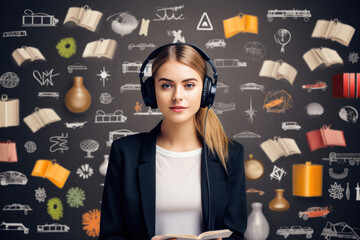 Against a wall adorned with various images, a young woman sits, immersed in online learning with her headphones on. - obrazy, fototapety, plakaty
