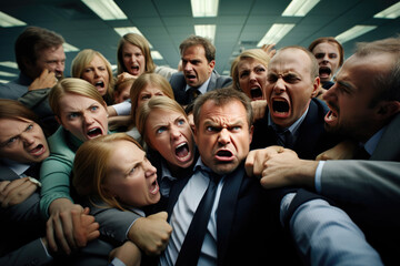 A chaotic office scene with furious employees