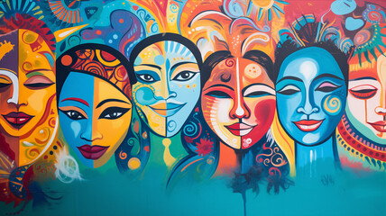 A colorful mural depicting faces from different ethnicities, celebrating global harmony